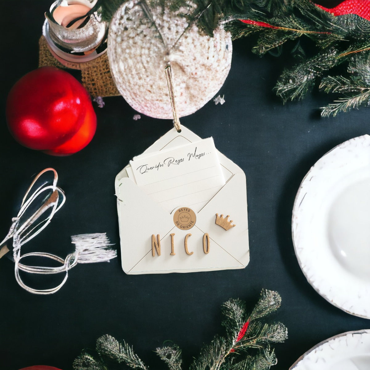 Adorno de Navidad Personalizado Sobre de Madera Blanca