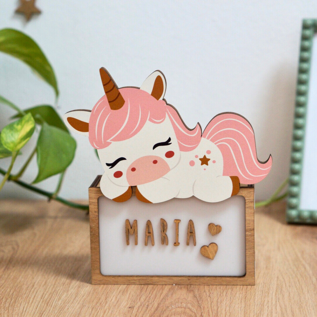 Lámpara Personalizada Infantil de Madera - Diseño Unicornio dormido