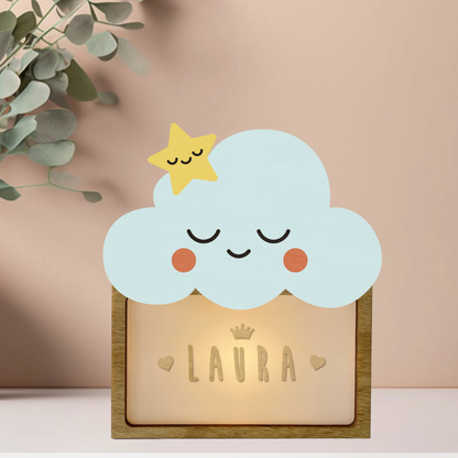 Lámpara Personalizada Infantil de Madera - Diseño Nube y Estrella