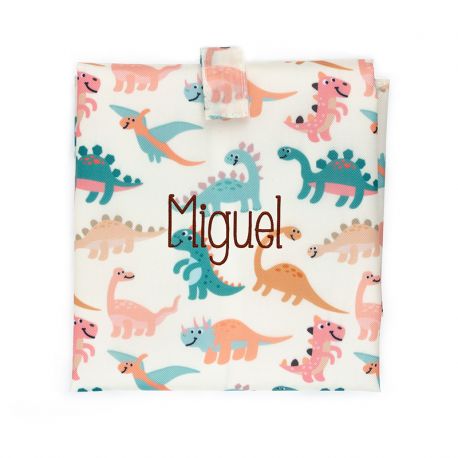 Portabocadillos dinosaurio con nombre bordado