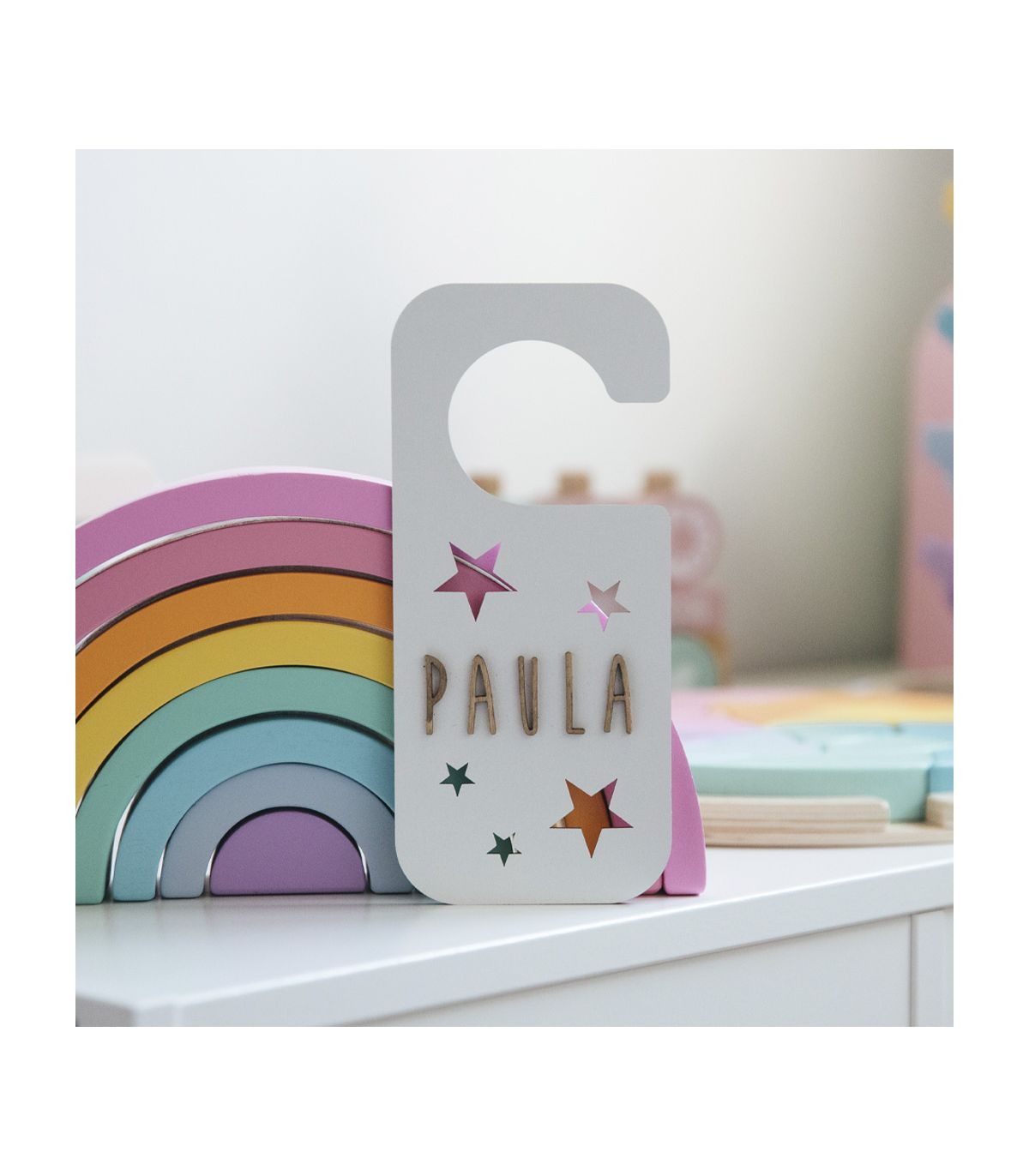 Placa de Madera Personalizada Estrellas Pomo Puerta