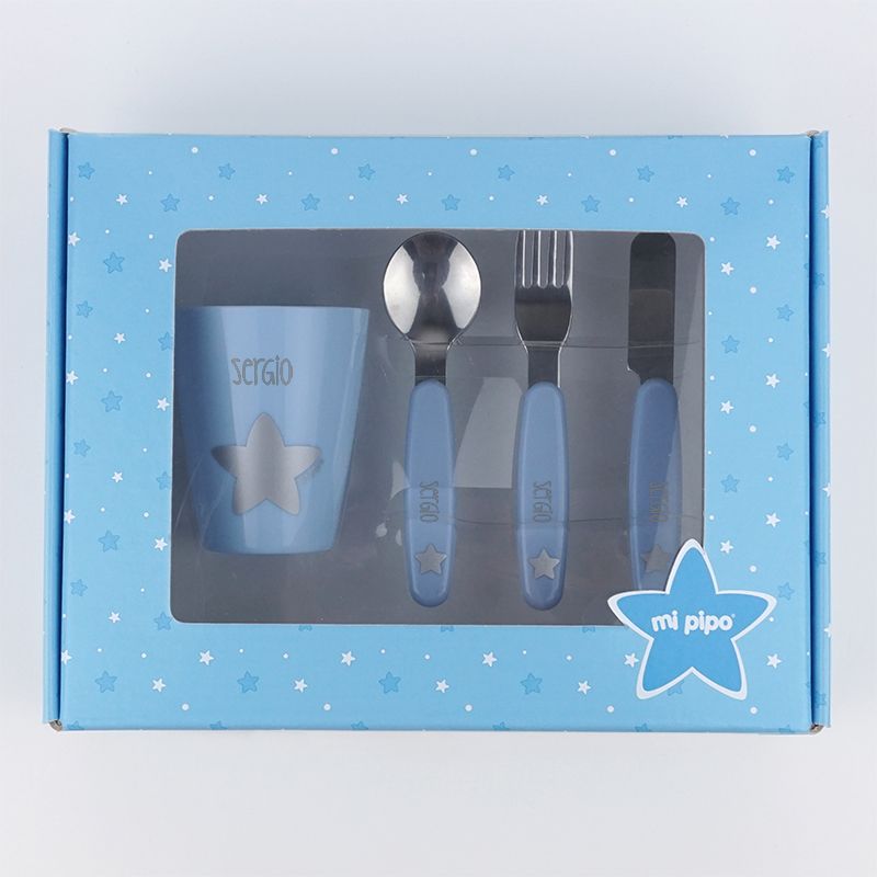 Set de Vasito y cubiertos de Acero Personalizados Azul