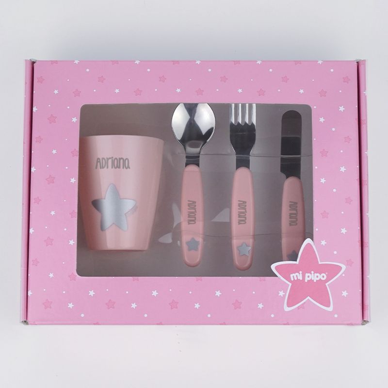 Set de Vasito y cubiertos de Acero Personalizados Rosa